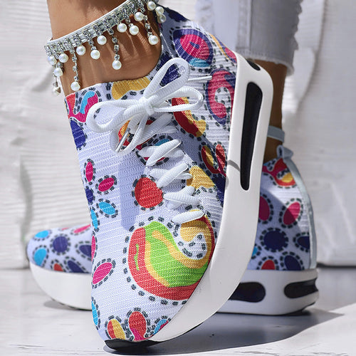 Women's Random Print Side Lace-Up Elastic Sport Shoes, Comfortable