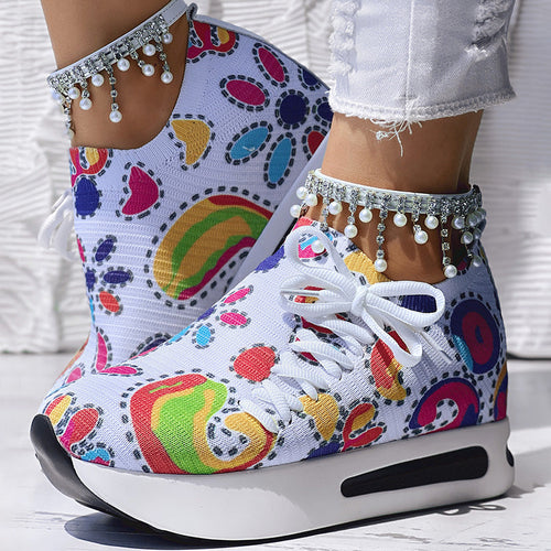 Women's Random Print Side Lace-Up Elastic Sport Shoes, Comfortable