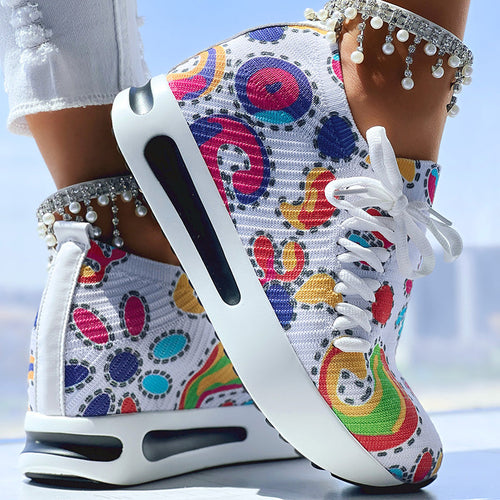 Women's Random Print Side Lace-Up Elastic Sport Shoes, Comfortable