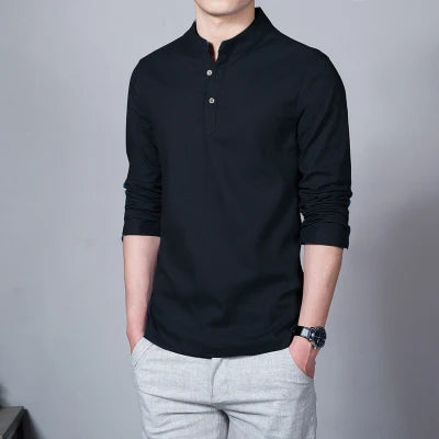 Men's Clothing  Men Spring Tops & Tees Male Fashion T-Shirts Stand Collar Long-sleeved Slim Base Shirt Homme Linen t-shirt