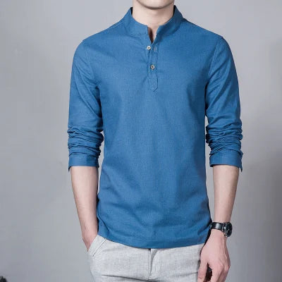 Men's Clothing  Men Spring Tops & Tees Male Fashion T-Shirts Stand Collar Long-sleeved Slim Base Shirt Homme Linen t-shirt
