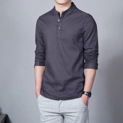 Men's Clothing  Men Spring Tops & Tees Male Fashion T-Shirts Stand Collar Long-sleeved Slim Base Shirt Homme Linen t-shirt