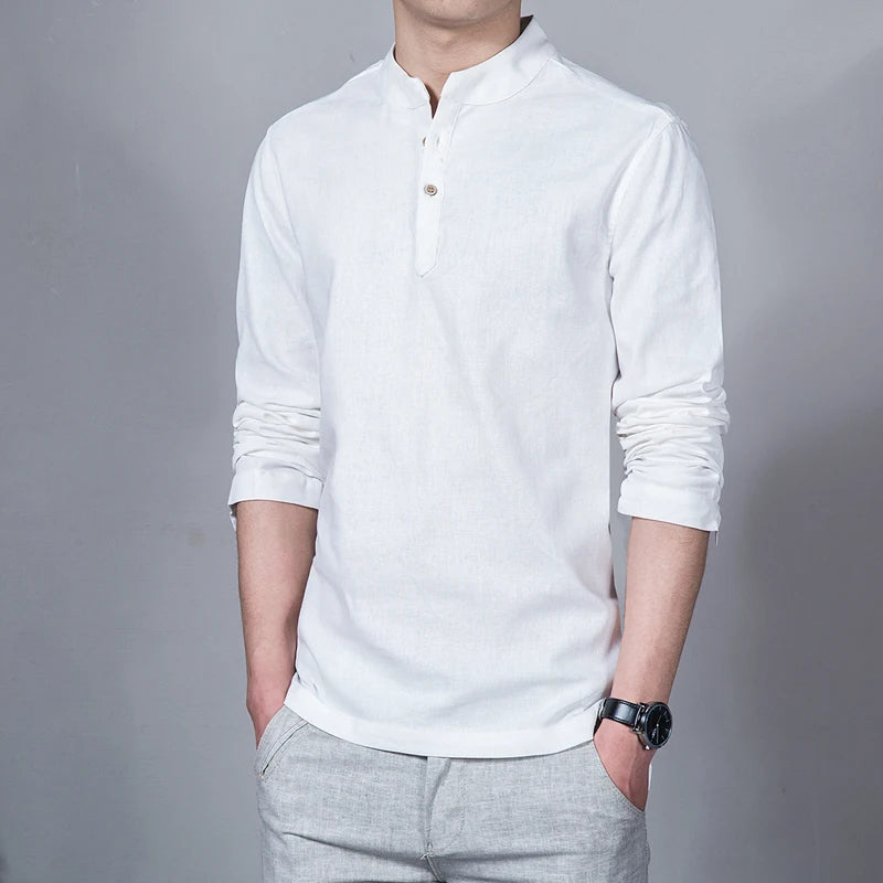 Men's Clothing  Men Spring Tops & Tees Male Fashion T-Shirts Stand Collar Long-sleeved Slim Base Shirt Homme Linen t-shirt