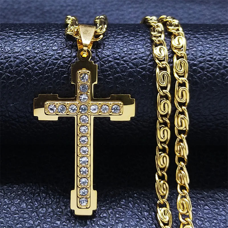 Christian Cross Crucifix Pendant Necklace Gold Color Stainless Steel Catholic Men Chain  Jewelry corrente masculina N4930S02