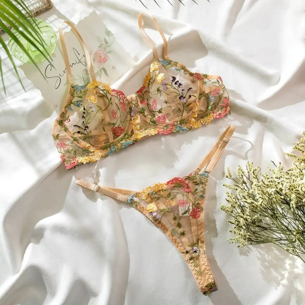 2-Piece Versatile Floral Lingerie Set Embroidery Sheer Women Underwear Intimates