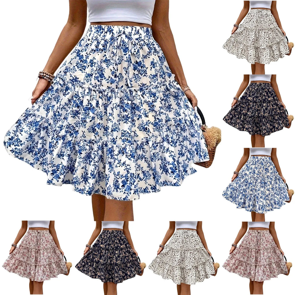 Women's Spliced Cake Skirt Fashionable Floral Print Elastic Waist Strap Versatile Casual Skirts Comfortable knee-length skirt