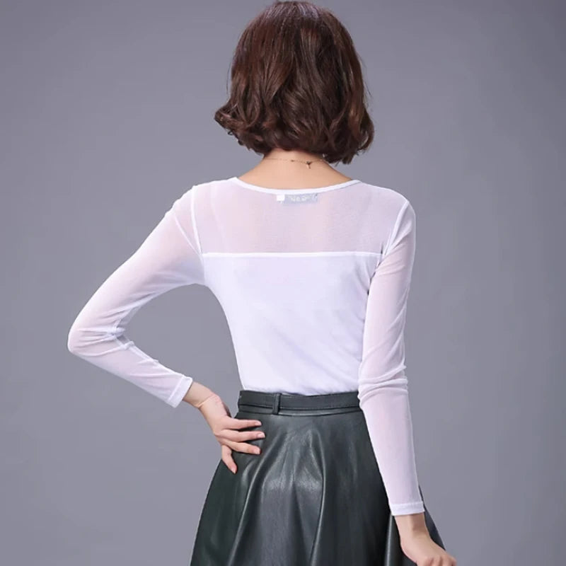 Autumn Winter Black White Bottoming Shirt Round Neck Solid Mesh T Shirt Korean Fashion Women Tops