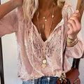 Women's Blouses Fashion Boho Lace Hollow Out Deep V Neck Pullover Shirt Women Elegant Casual Blouse Female Tops Spring Summer