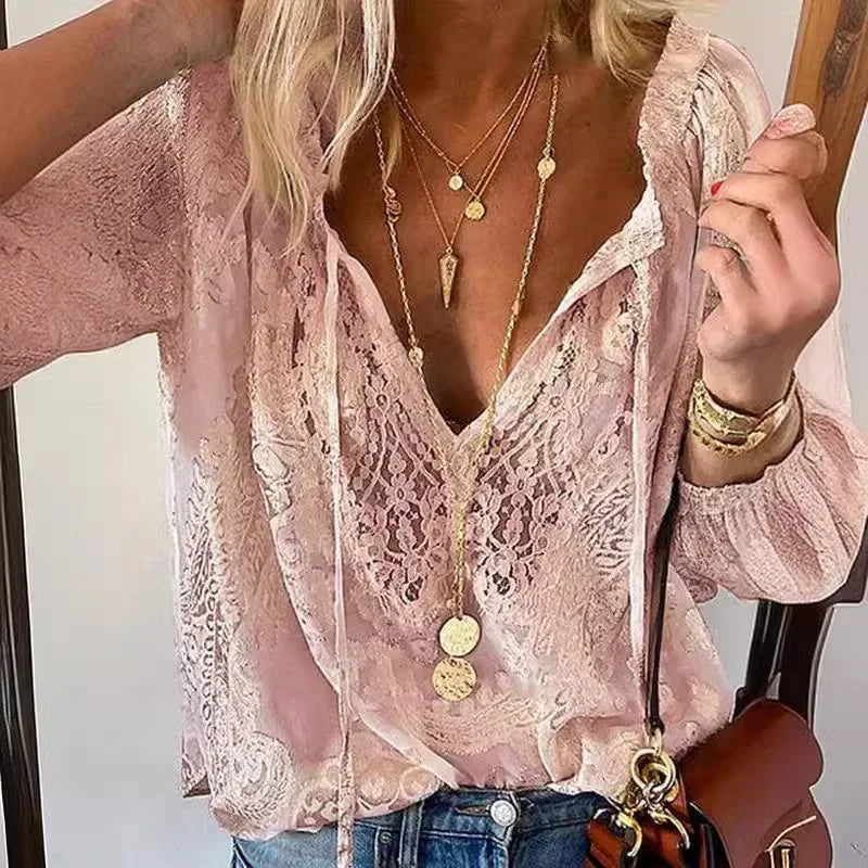 Women's Blouses Fashion Boho Lace Hollow Out Deep V Neck Pullover Shirt Women Elegant Casual Blouse Female Tops Spring Summer