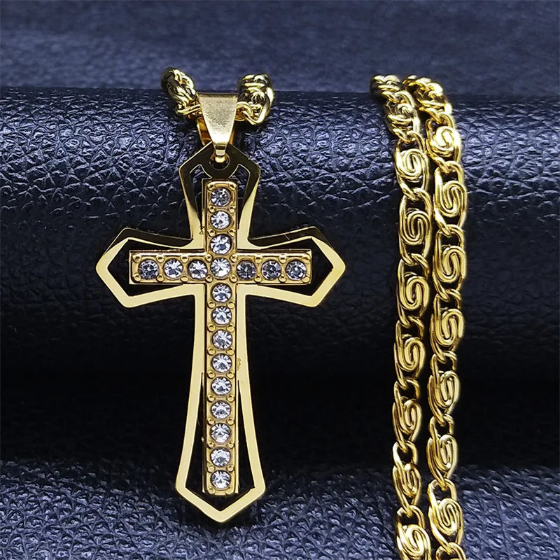 Christian Cross Crucifix Pendant Necklace Gold Color Stainless Steel Catholic Men Chain  Jewelry corrente masculina N4930S02