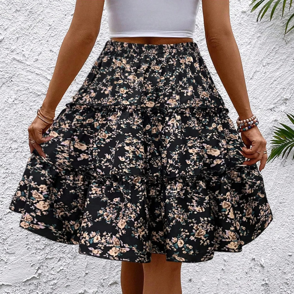 Women's Spliced Cake Skirt Fashionable Floral Print Elastic Waist Strap Versatile Casual Skirts Comfortable knee-length skirt