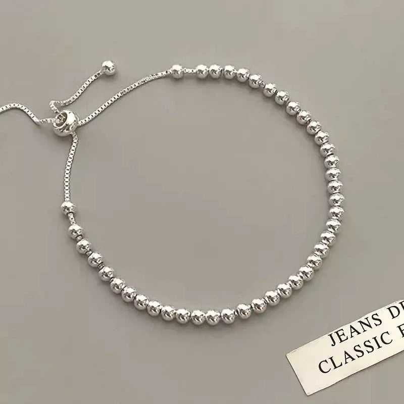 100% Solid 925 Sterling Silver Metal Bracelets for Women Men Beads Adjustable Handmade Simple Bracelet Birthday Christmas Gifts