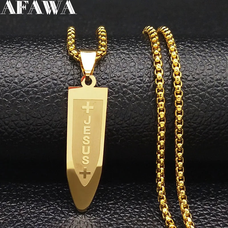 Male Jesus Cross Stainless Steel Choker Necklace for Men Chain Gold Color Bullet Necklaces Jewerly colar masculino N6049S02