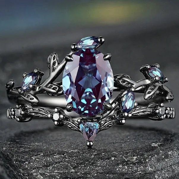 Delicate Women Rings Black Color Round Blue Stone Flower Rings Party Accessories Gift