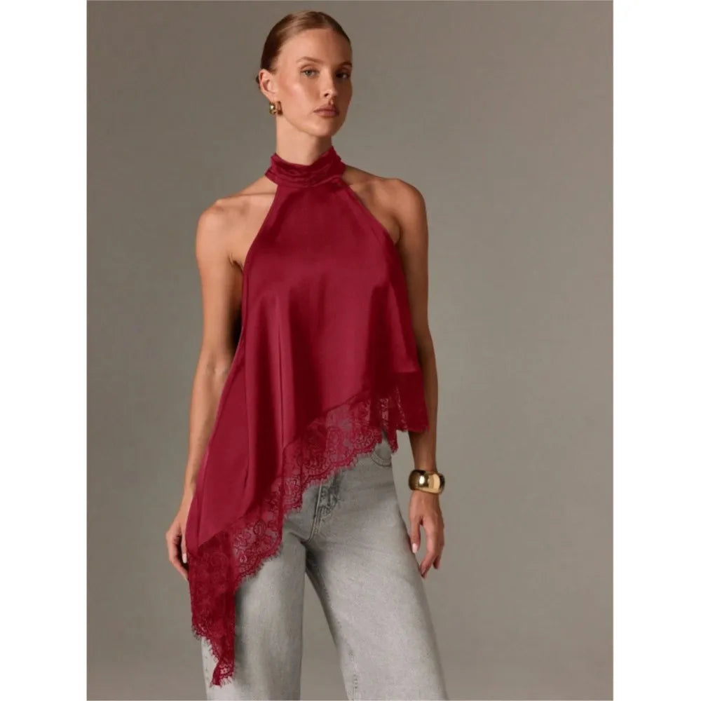 2026 French Blouse For Woman Shirt Top For Woman T Shirt Tee Elegant Temperament Neck Halter Sleeveless Lace Patchwork Irregular