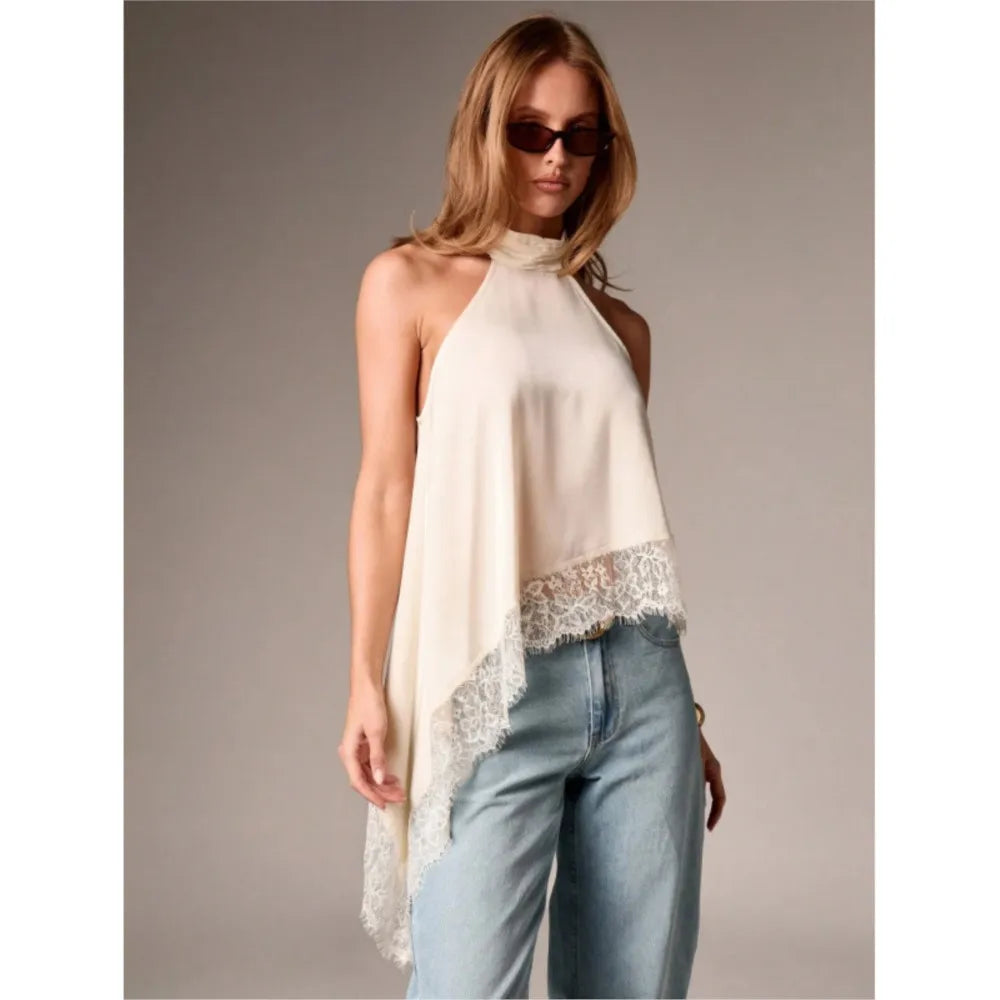 2026 French Blouse For Woman Shirt Top For Woman T Shirt Tee Elegant Temperament Neck Halter Sleeveless Lace Patchwork Irregular