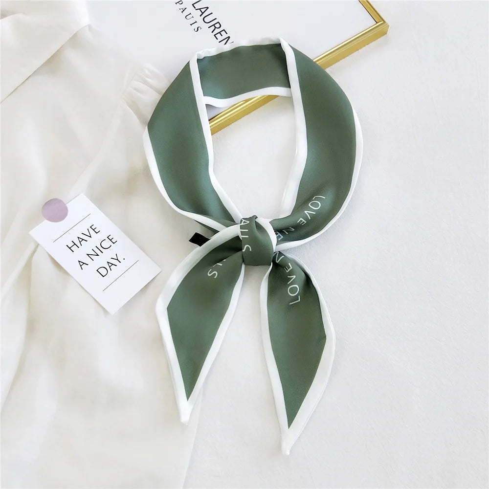 Women Hair Scarf Fashion Narrow Long Scarf Elegant Satin Silk Bow Tie Letter Print Bag Ribbon Headband Scarves Foulard Cheveux