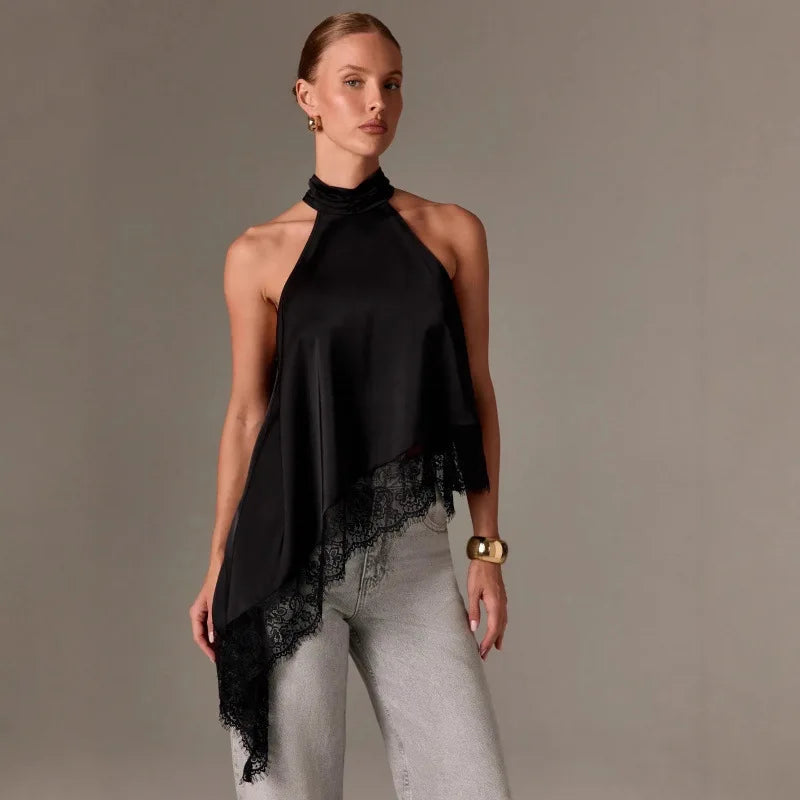 2026 French Blouse For Woman Shirt Top For Woman T Shirt Tee Elegant Temperament Neck Halter Sleeveless Lace Patchwork Irregular