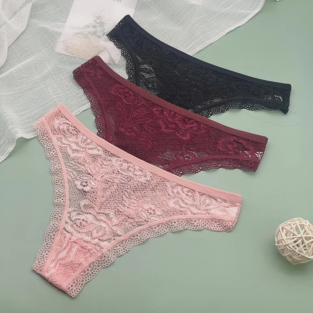 Moonflame 3 Pcs Sexy Lingerie Women Underwear Transparent Lace Thongs Woman Bikini
