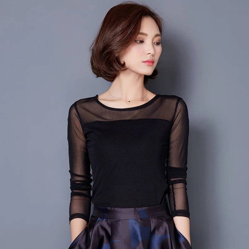 Autumn Winter Black White Bottoming Shirt Round Neck Solid Mesh T Shirt Korean Fashion Women Tops