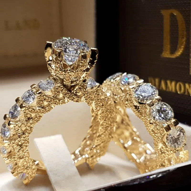 Attractive Women Rings Gold Color Round White Stone Rings Set Party Accessories Gift
