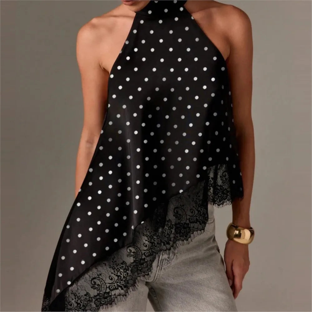 2026 French Blouse For Woman Shirt Top For Woman T Shirt Tee Elegant Temperament Neck Halter Sleeveless Lace Patchwork Irregular