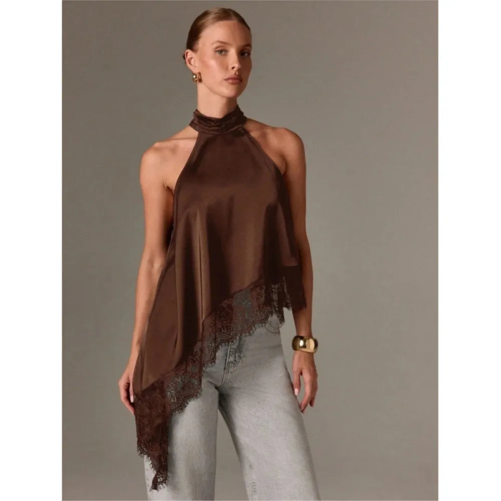 2026 French Blouse For Woman Shirt Top For Woman T Shirt Tee Elegant Temperament Neck Halter Sleeveless Lace Patchwork Irregular