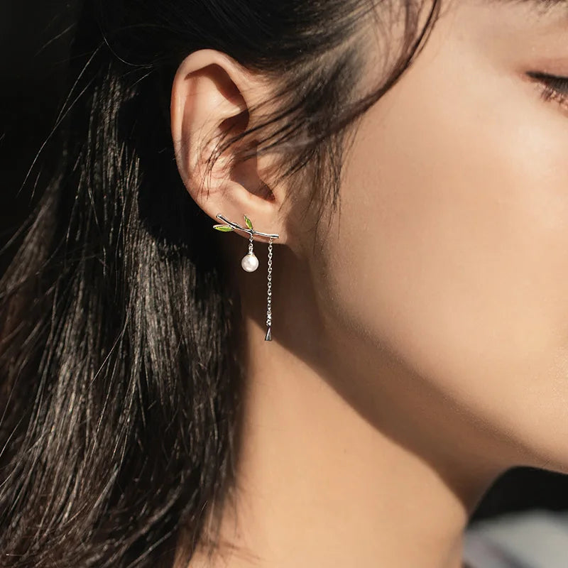 Thaya Trendy Enamel Women Earring Green Bamboo Earring Dangle With Pearl Earring For Women Silver Needle Earring Fashion Jewelry