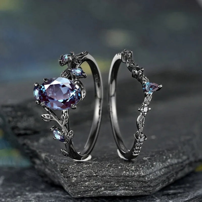 Delicate Women Rings Black Color Round Blue Stone Flower Rings Party Accessories Gift