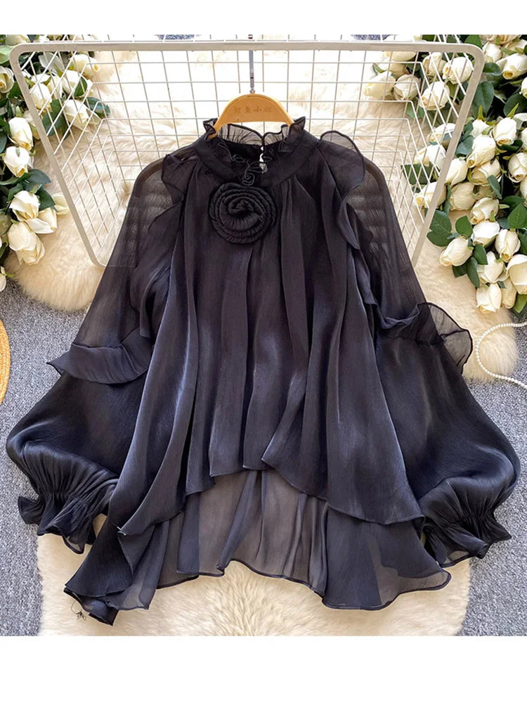 Women Blouse Spring Romantic Rose Blush Floral-Embellished Ruffle Blouse with Elegant Bishop Sleeves Femlae Blusa Top W102
