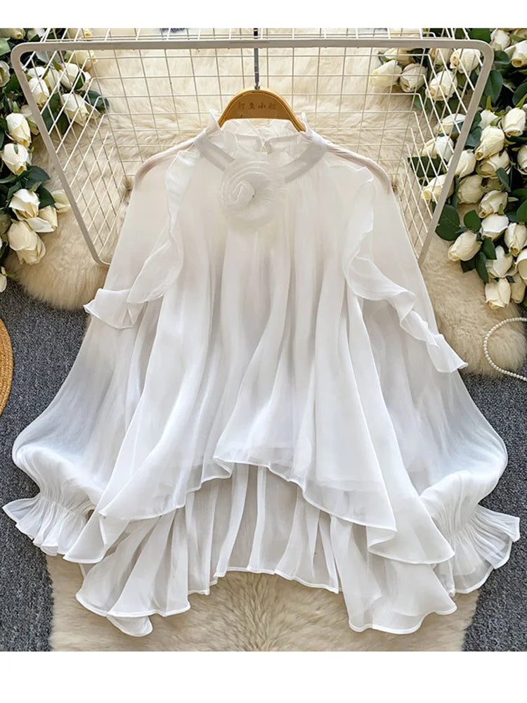 Women Blouse Spring Romantic Rose Blush Floral-Embellished Ruffle Blouse with Elegant Bishop Sleeves Femlae Blusa Top W102