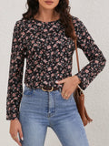 Ladies Floral Print Crew Neck Blouse Casual Long Sleeve Blouse Women Tops Shirts