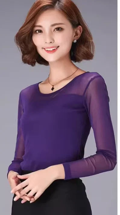 Autumn Winter Black White Bottoming Shirt Round Neck Solid Mesh T Shirt Korean Fashion Women Tops