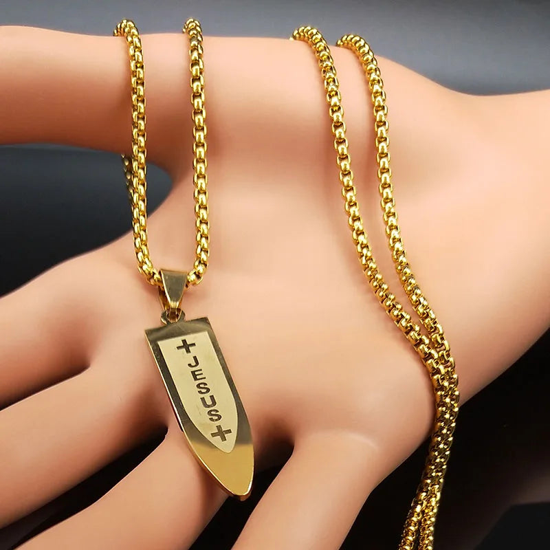 Male Jesus Cross Stainless Steel Choker Necklace for Men Chain Gold Color Bullet Necklaces Jewerly colar masculino N6049S02