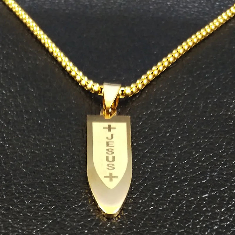 Male Jesus Cross Stainless Steel Choker Necklace for Men Chain Gold Color Bullet Necklaces Jewerly colar masculino N6049S02
