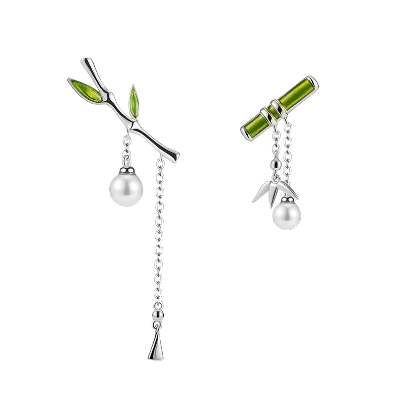 Thaya Trendy Enamel Women Earring Green Bamboo Earring Dangle With Pearl Earring For Women Silver Needle Earring Fashion Jewelry