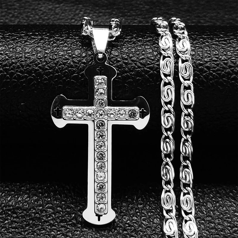 Christian Cross Crucifix Pendant Necklace Gold Color Stainless Steel Catholic Men Chain  Jewelry corrente masculina N4930S02