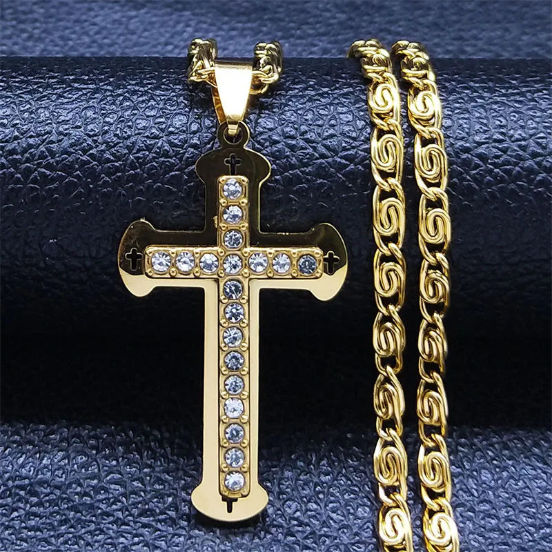 Christian Cross Crucifix Pendant Necklace Gold Color Stainless Steel Catholic Men Chain  Jewelry corrente masculina N4930S02