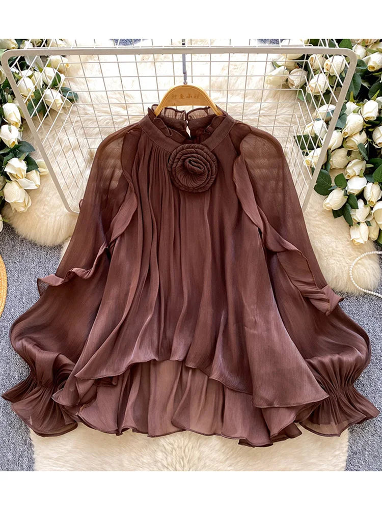 Women Blouse Spring Romantic Rose Blush Floral-Embellished Ruffle Blouse with Elegant Bishop Sleeves Femlae Blusa Top W102