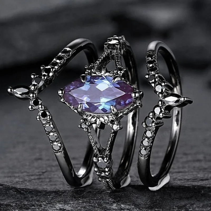 Delicate Women Rings Black Color Oval Round Blue Black Stone Rings Set Party Accessories Gift