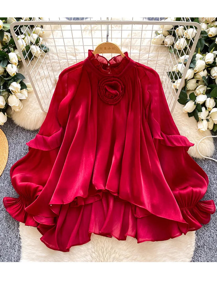 Women Blouse Spring Romantic Rose Blush Floral-Embellished Ruffle Blouse with Elegant Bishop Sleeves Femlae Blusa Top W102