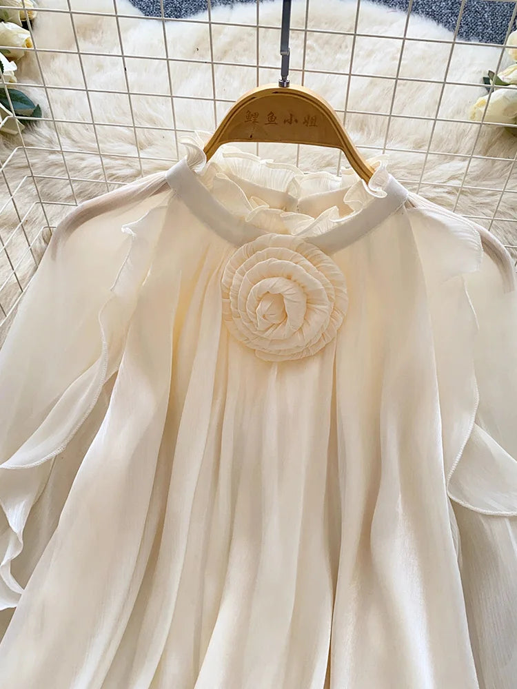 Women Blouse Spring Romantic Rose Blush Floral-Embellished Ruffle Blouse with Elegant Bishop Sleeves Femlae Blusa Top W102
