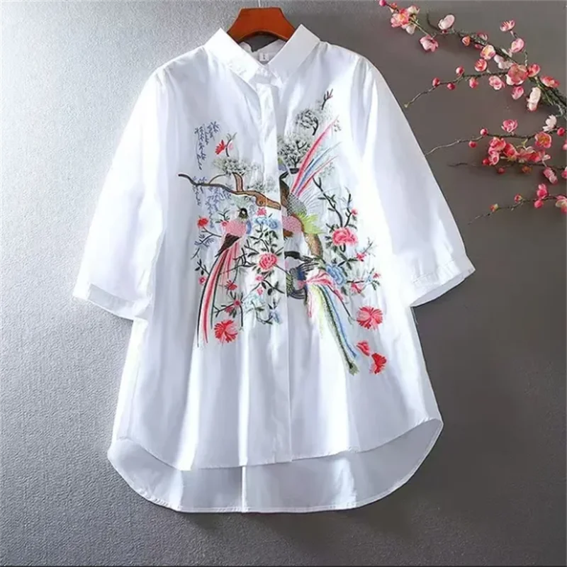 Literature Art Blouse For Women Shirt China Blusas Chic Embroidery Flower Blouses Loose Shirt Medium Length Vintage shirt Top