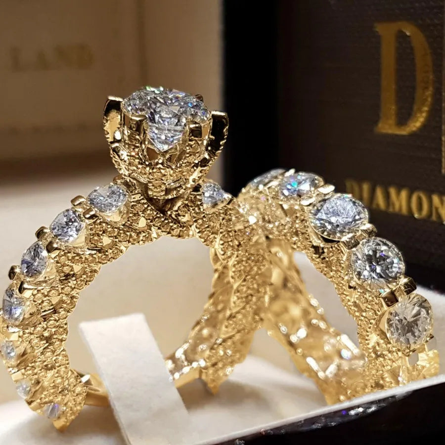 Attractive Women Rings Gold Color Round White Stone Rings Set Party Accessories Gift