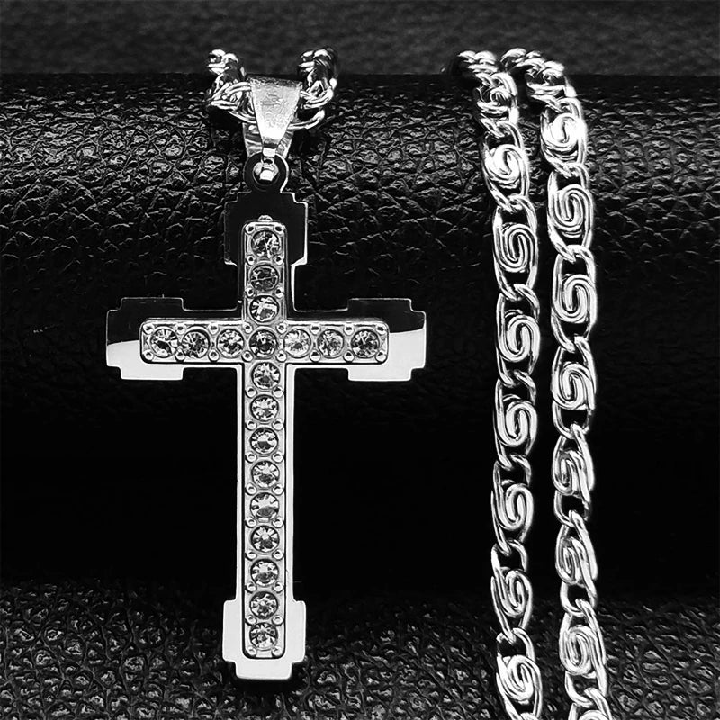 Christian Cross Crucifix Pendant Necklace Gold Color Stainless Steel Catholic Men Chain  Jewelry corrente masculina N4930S02