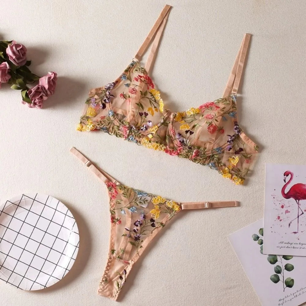 2-Piece Versatile Floral Lingerie Set Embroidery Sheer Women Underwear Intimates