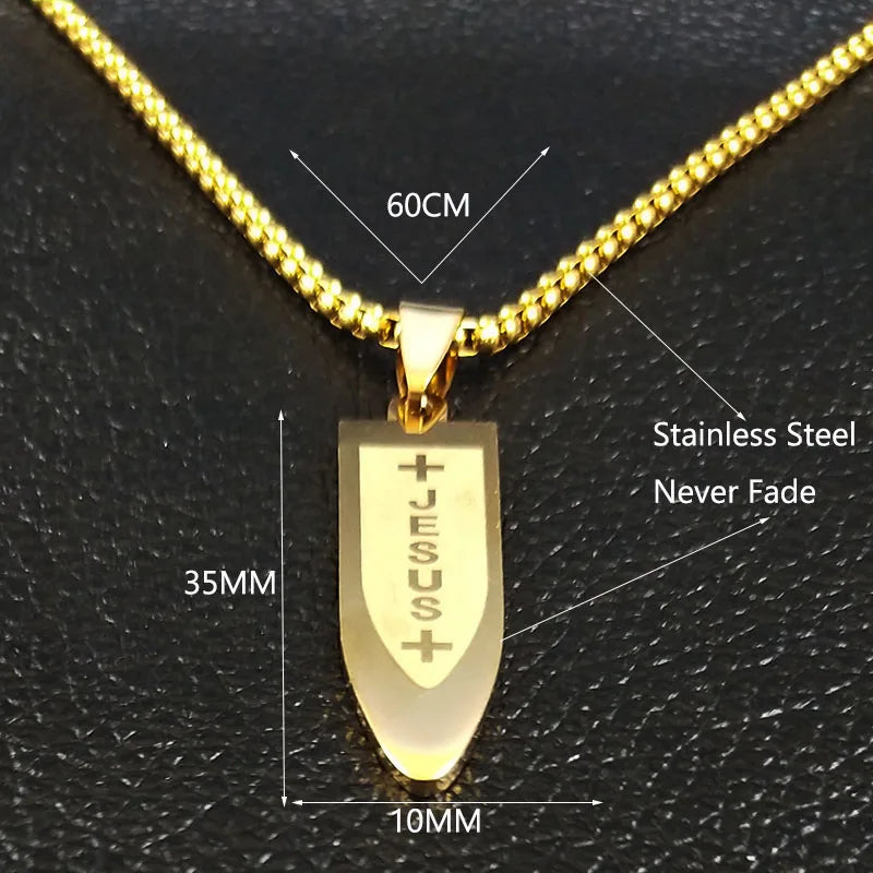Male Jesus Cross Stainless Steel Choker Necklace for Men Chain Gold Color Bullet Necklaces Jewerly colar masculino N6049S02