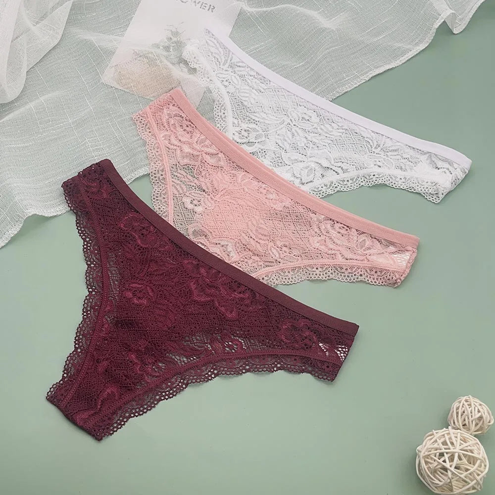 Moonflame 3 Pcs Sexy Lingerie Women Underwear Transparent Lace Thongs Woman Bikini