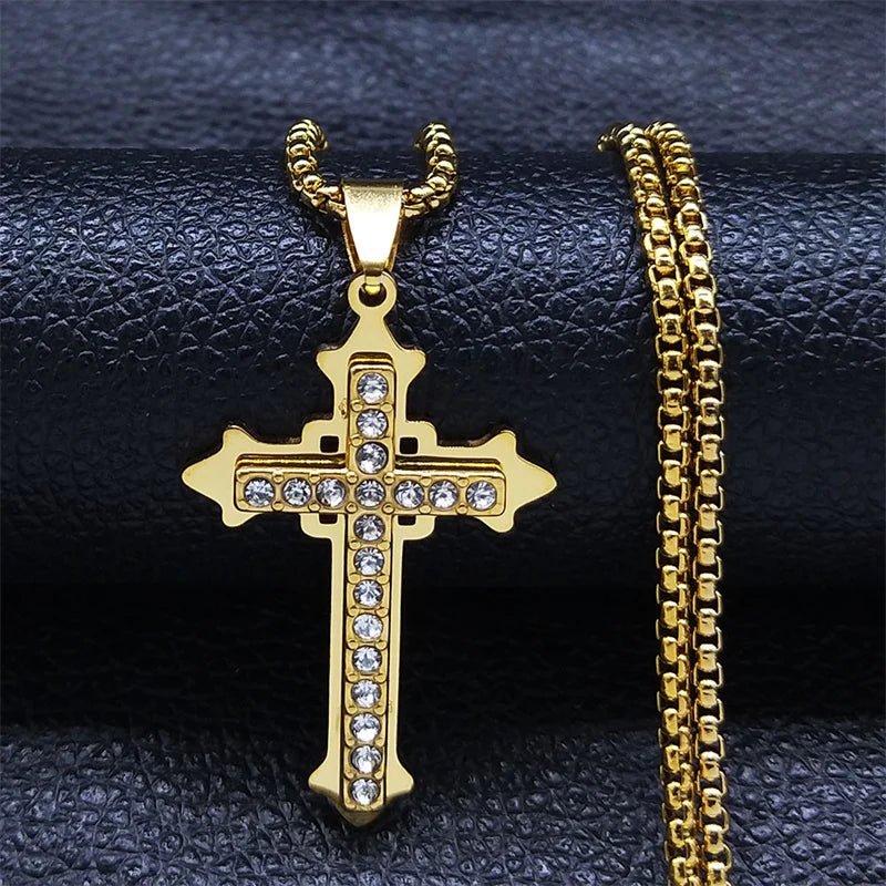 Christian Cross Crucifix Pendant Necklace Gold Color Stainless Steel Catholic Men Chain  Jewelry corrente masculina N4930S02