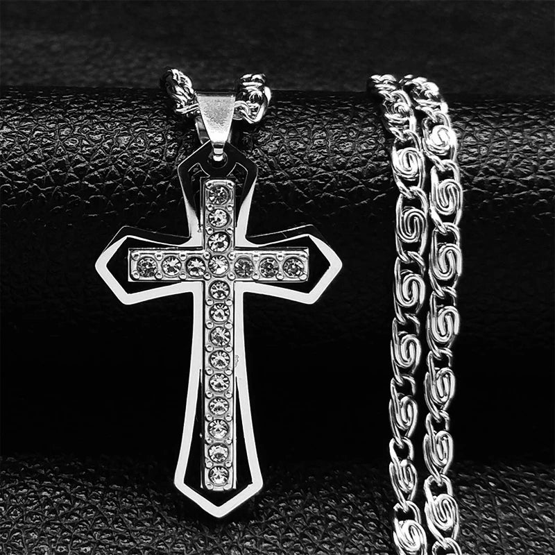 Christian Cross Crucifix Pendant Necklace Gold Color Stainless Steel Catholic Men Chain  Jewelry corrente masculina N4930S02